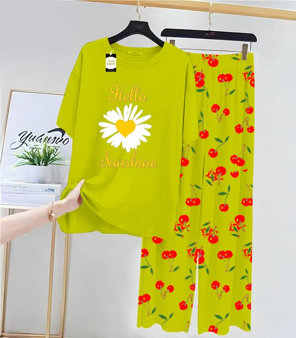 GREEN SUNFLOWER Printed Nightwear Set With Cherry Printed Printed Trousers – Women's Lounge Wear (014)