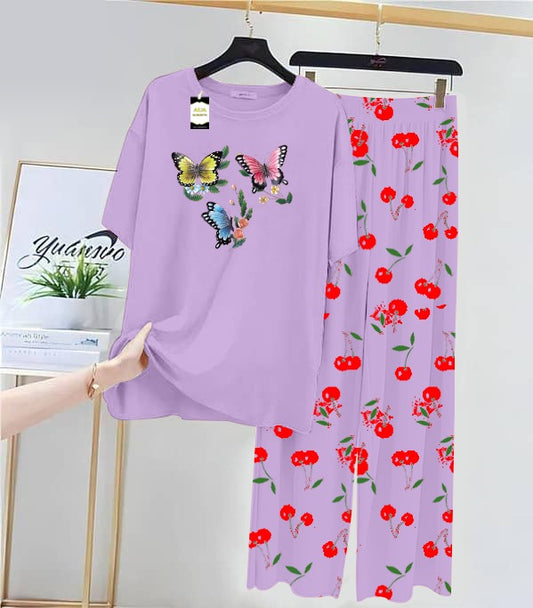 PURPLE MULTI BUTTERFLY Printed Nightwear Set With Cherry Printed Printed Trousers – Women's Lounge Wear (014)