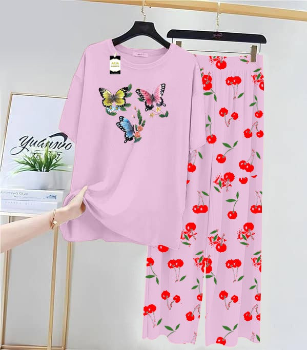 Baby Pink muLTI bUTTERFLY Printed Nightwear Set With Cherry Printed Printed Trousers – Women's Lounge Wear (014)