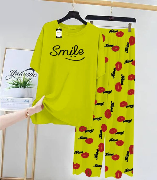 Green Smile Printed Nightwear Set With Kiss Printed Trousers – Women's Lounge Wear (014)