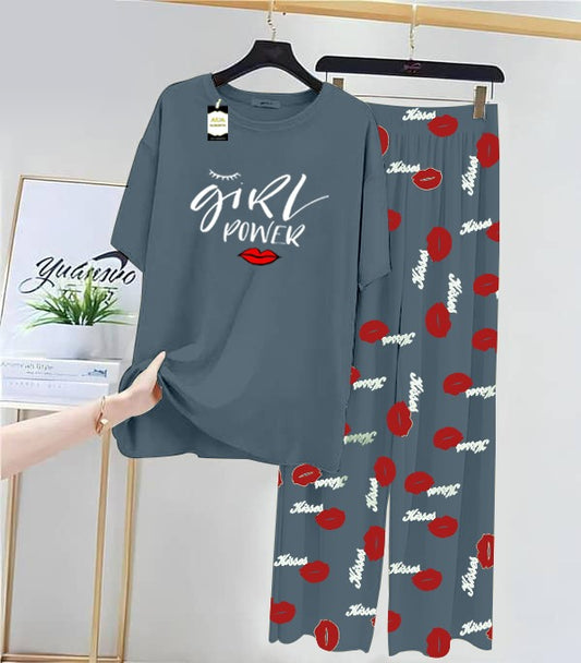 Blue Girls Power Printed Nightwear Set With Kiss Printed Trousers – Women's Lounge Wear (014)