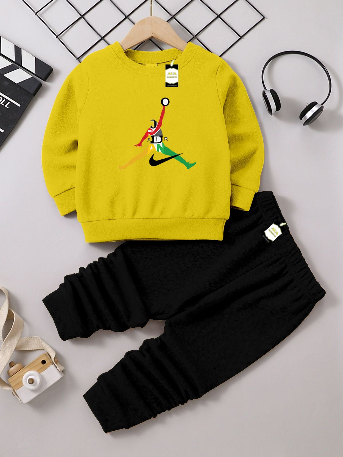 Jordan Yellow & Black Boys Sweatshirt & Trouser Set | Fleece Winter Outfit for Kids (1-10 Years)