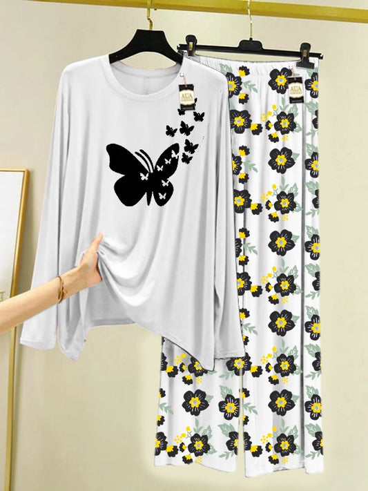 White Flying Butterfly Printed Nightwear Set with Flower Printed Trousers – Women's Lounge Wear (005)