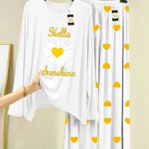 White Sun Flower  Mini Heart Printed Trouser (001)