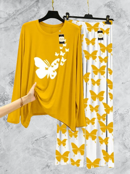 Yellow Flying Butterflies Printed Nightwear Set with Butterfly Printed Trousers – Women's Lounge Wear (002)