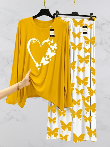 Yellow Women Heart Printed Nightwear Set with Butterfly Printed Trousers – Women's Lounge Wear (003)