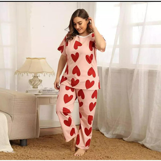 Pink Fully Heart Printed Design Stylish Full Sleeves Round Neck T-Shirt and Pajama Sexy Night Suit