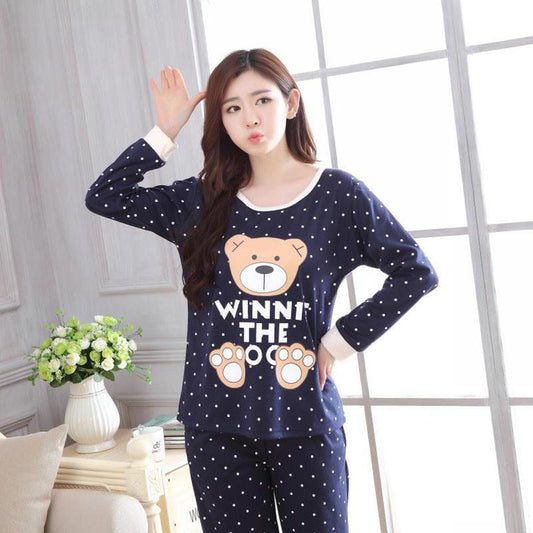 Blue Colour WINNIE Bear Printed Deisgn Full Sleeves Round Neck Ladies Night Suit