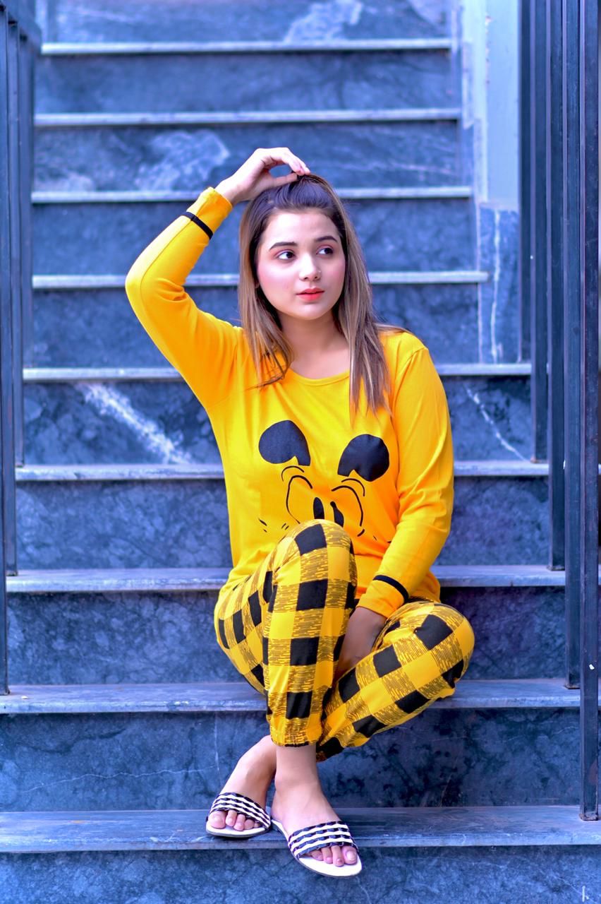 Yellow Colour Bunny Printed Design Sleeves T-Shirt and Pajama Sleep Wear Whole Ladies Night Suit For Girls and Women’s