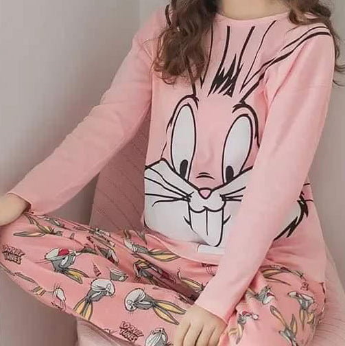 Cute Pink Colour Bunny Style Printed Design Ladies Sleep Wear Night Dress with Shirt and Trouser (Complete Sleeping Suit) For Women and Girls