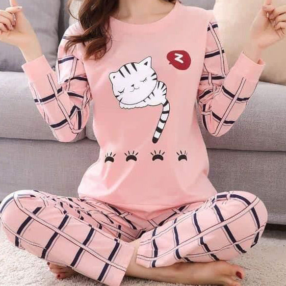 Cute Pink Sleepy Cat Printed Design Stylish Full Sleeves Round Neck T-Shirt and Pajama Night Suit For Ladies Women and Girls